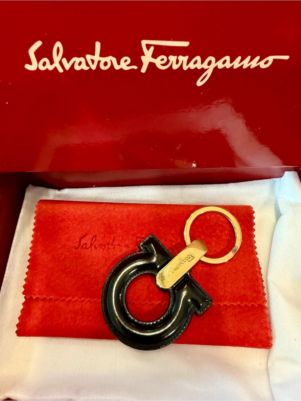 Salvatore Ferragamo Black Leather Gancini Keyring with Gold Tone Ring
